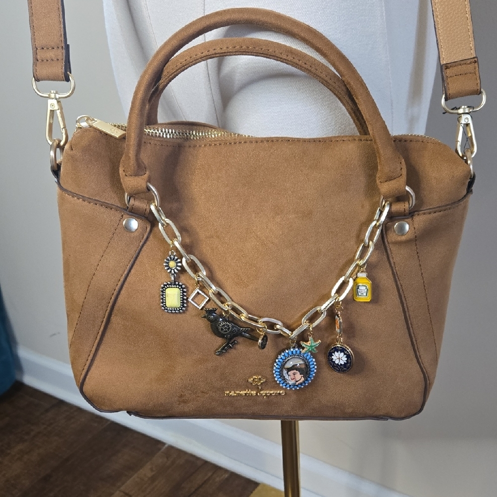 Nanette Lepore Tan Suede Purse Gold Accents Bag Charms Removable Strap Western